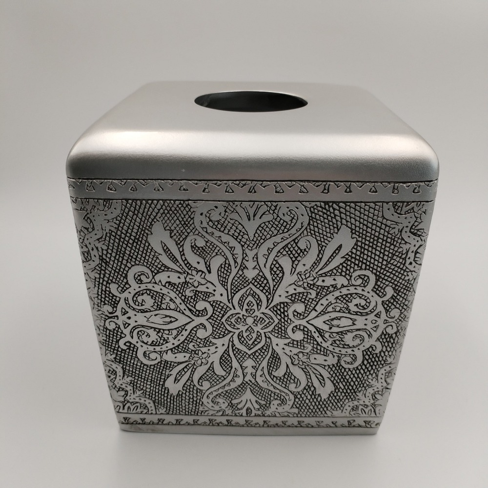 J. Queen New York Colette Silver Tissue Box Cover Square Hand Painted Lace